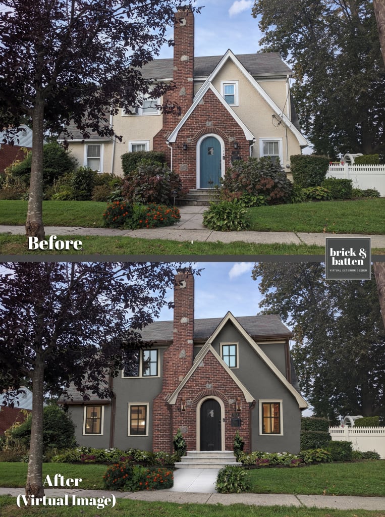 before and after virtual rendering of a cottage style tudor home with chimney