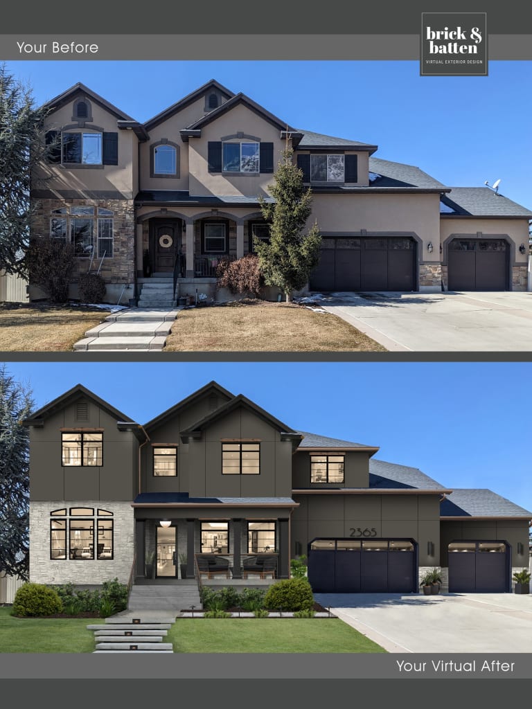 A before and after photo of a two-story home's exterior