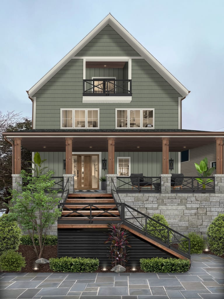 Three-story home with cladding rendered in Dried Thyme by Sherwin Williams