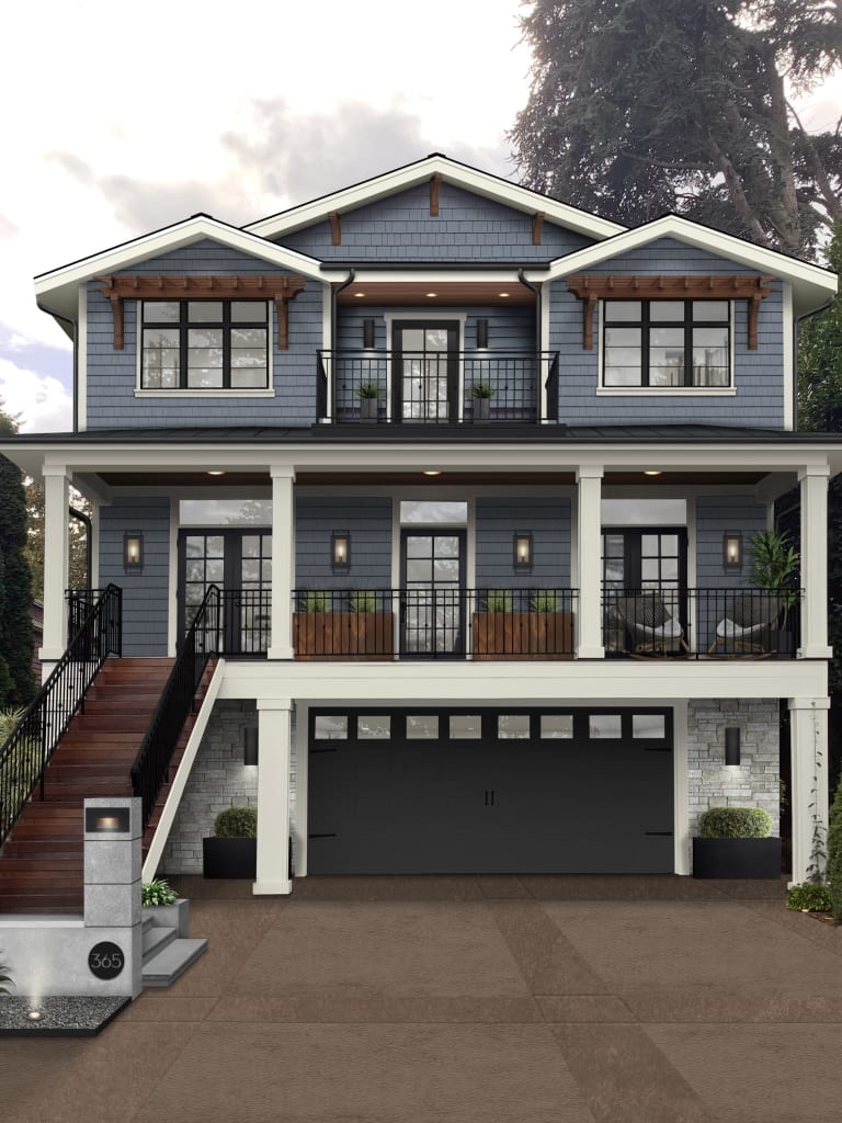 Exterior design of a home with blue shake siding and plenty of wood architectural accents, including wood corbels