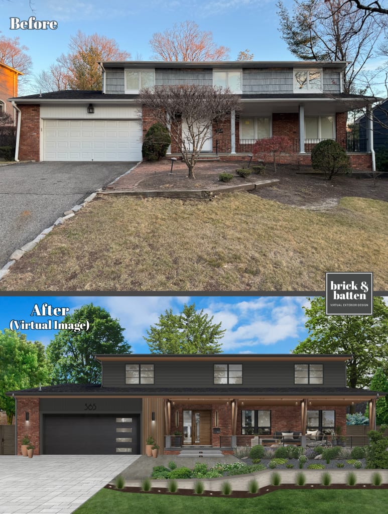 before and after rendering of a modern house flip