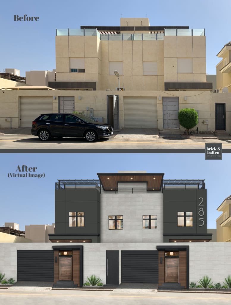 Before and after of a contemporary home with large address numbers added