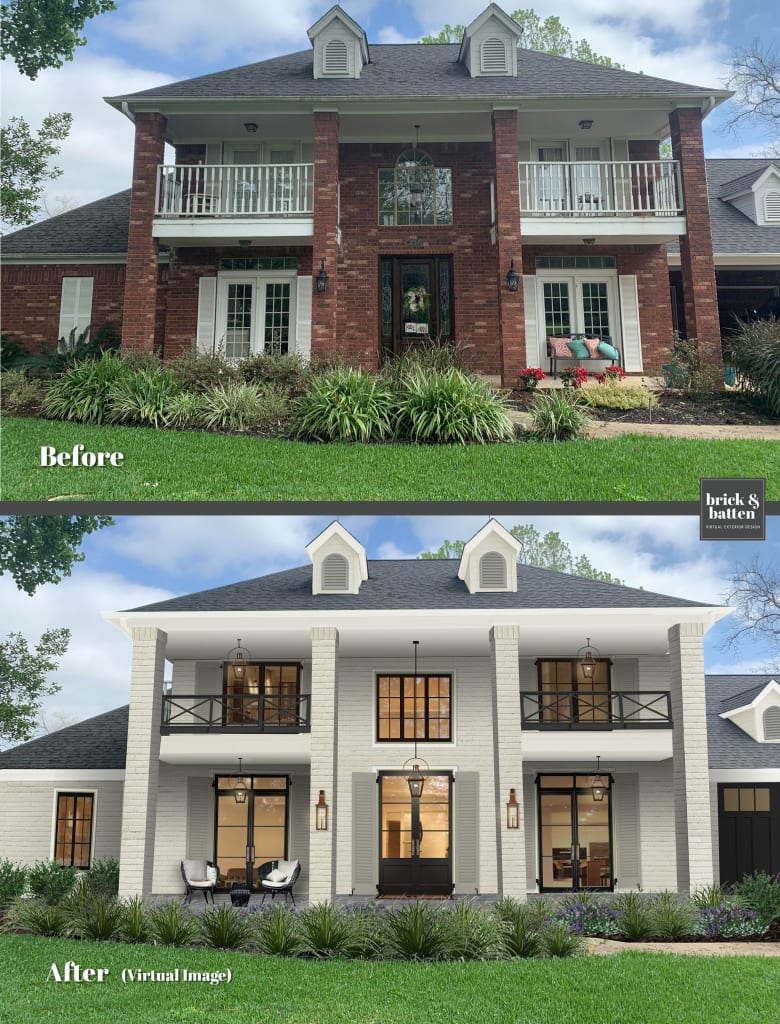 Before and after of a traditional brick home with columns, painted white with a black front door