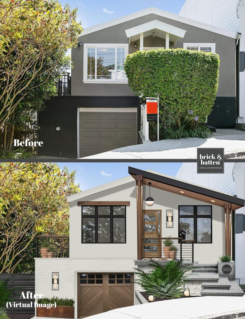 A before and virtual after of a home exterior with design updates