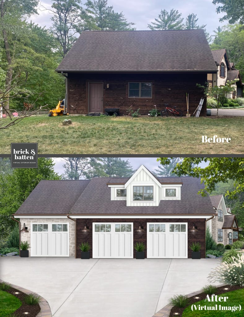 A before photo and a design showcasing one of brick&batten's favorite garage design ideas