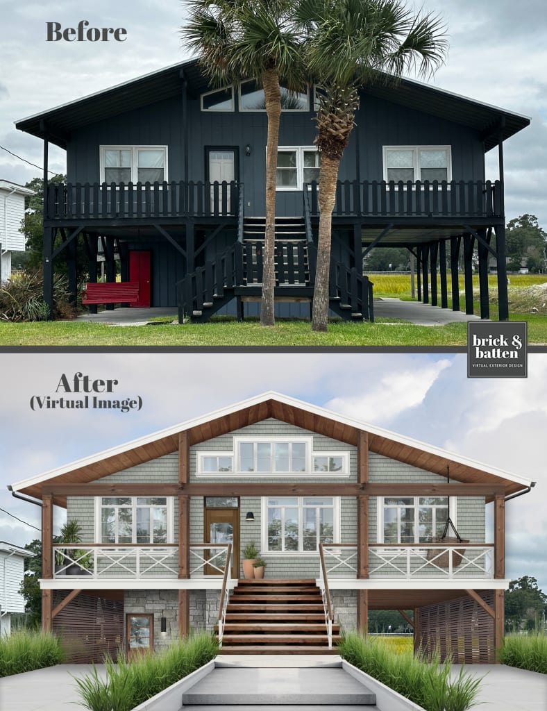 before and after rendering of a house on stilts with a transom window above the front door