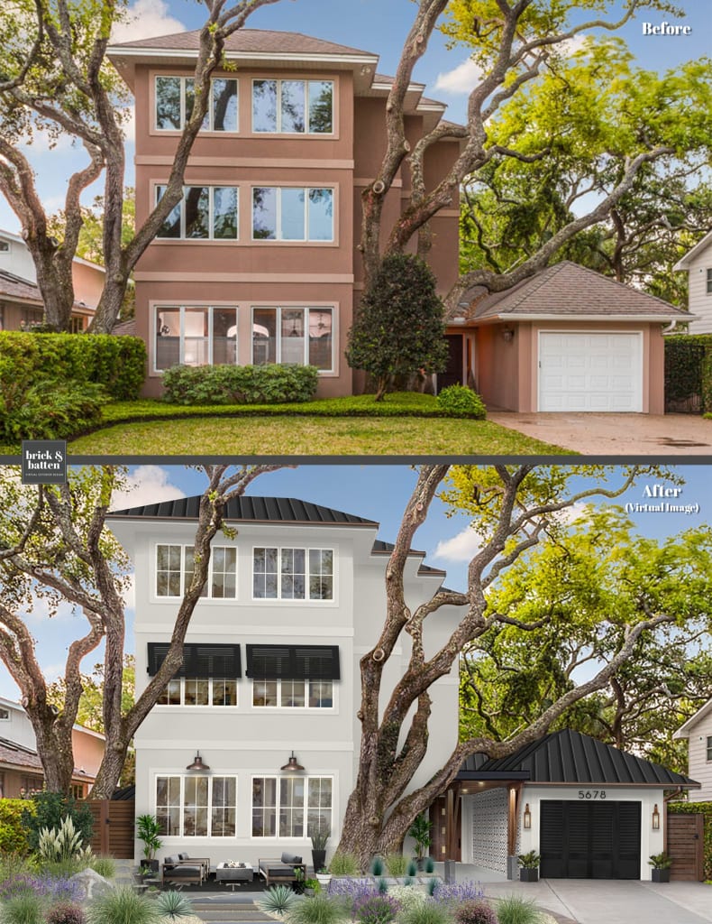 Before and after of a coastal modern home with black shutters, painted in Alabaster, and with a new front porch awning alongside the garage