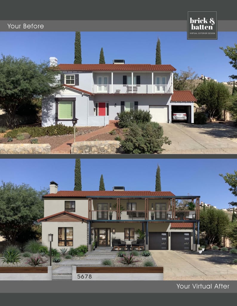 Before and after exterior view of a two-story stucco house