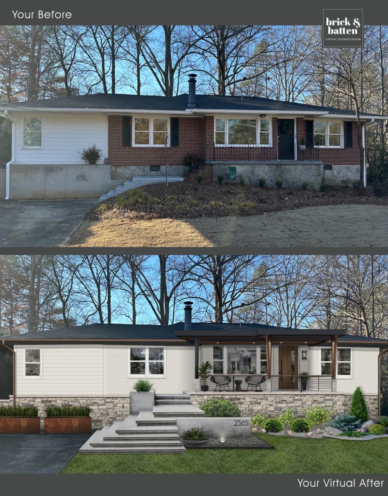 before and after rendering of a ranch style home with stone house skirting and large stair walkway