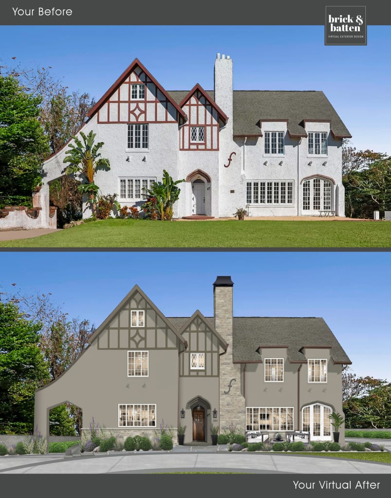 Before and after exterior view of a gray stucco house
