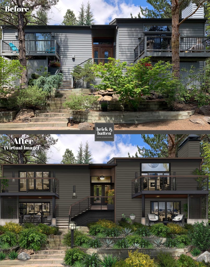 Before and after of a home rendered in a darker paint color