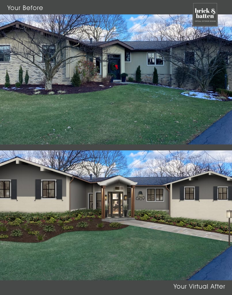 Before and after of a ranch home painted in Chelsea Gray and Revere Pewter with shutters added