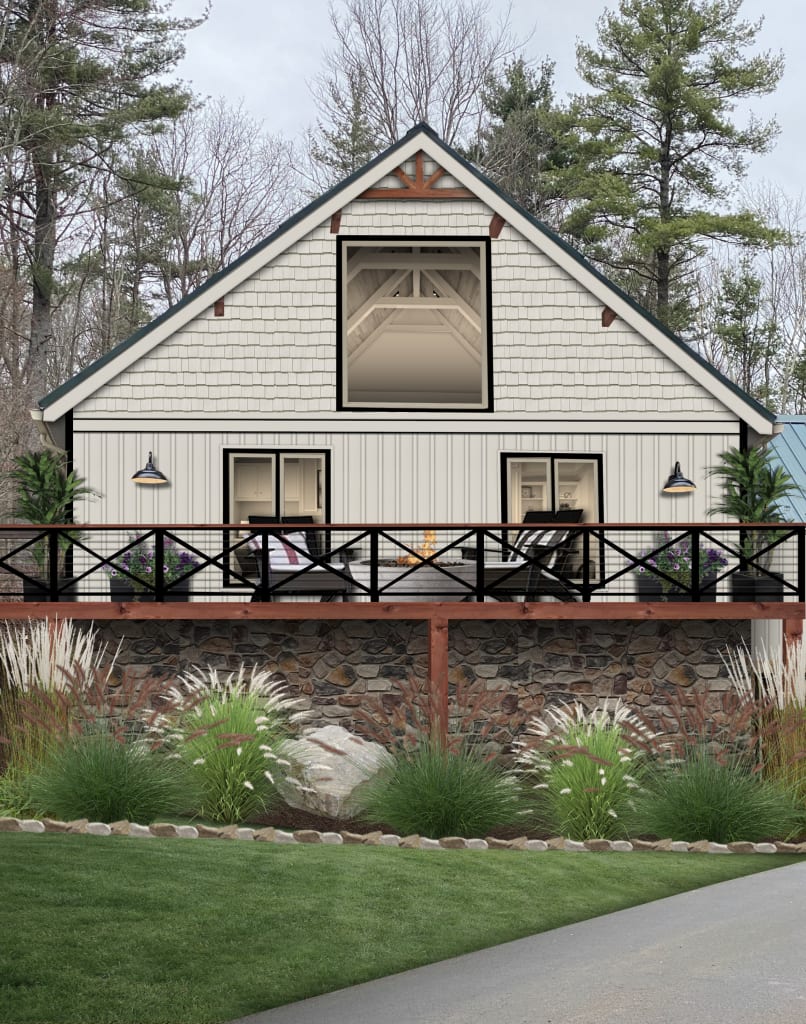 A nearly a-frame style home painted in a greige color