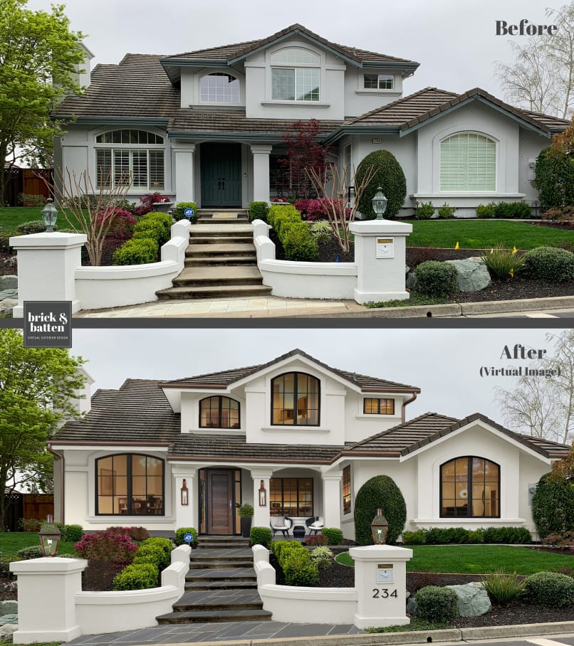 Before and after of a stucco home with a new wooden front door