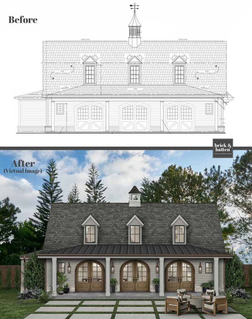 digital rendering of a cape may home in cobblestone with original blueprint, sloped roof, dormer windows, rounded doorways and cupola