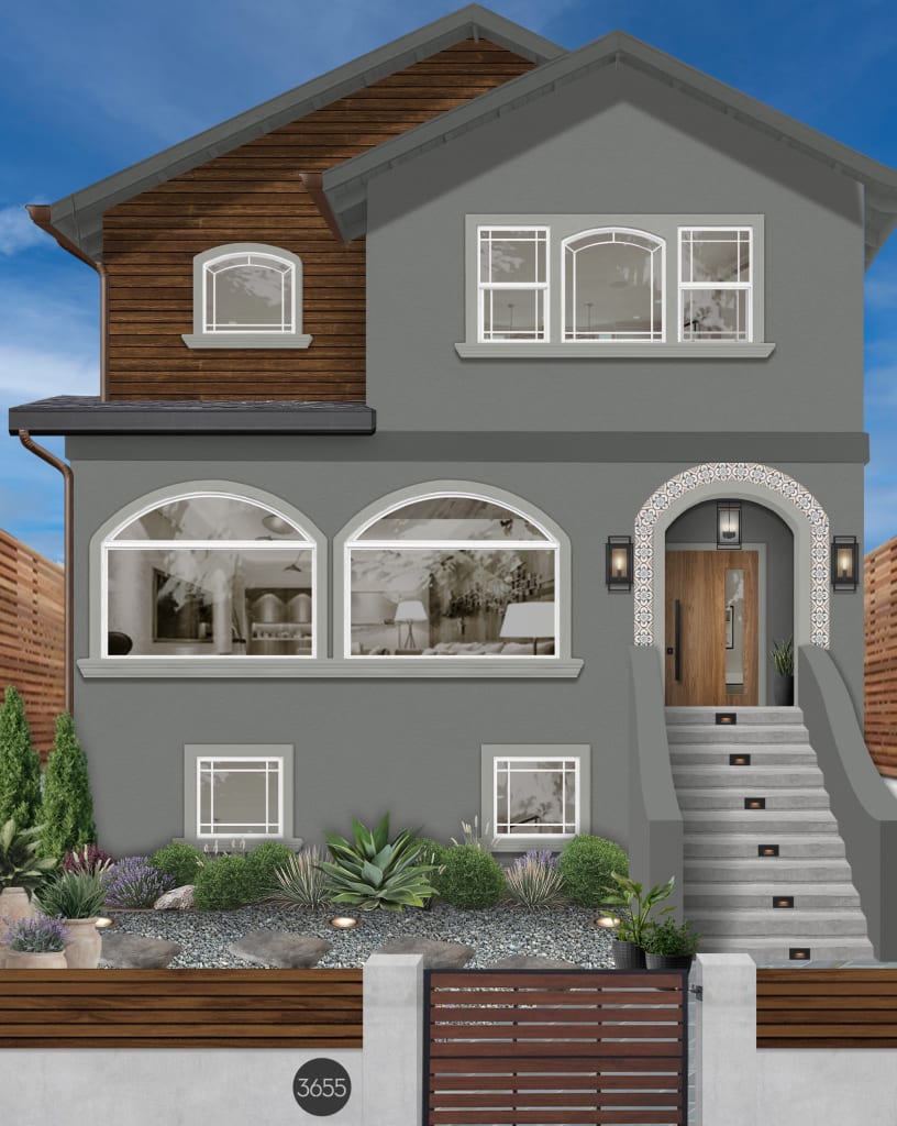 three story stucco home with wood cladding, Spanish tile accents, and stained wood fencing