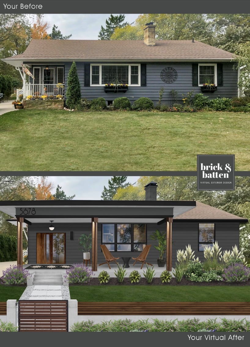 before and after of home with patio overhang