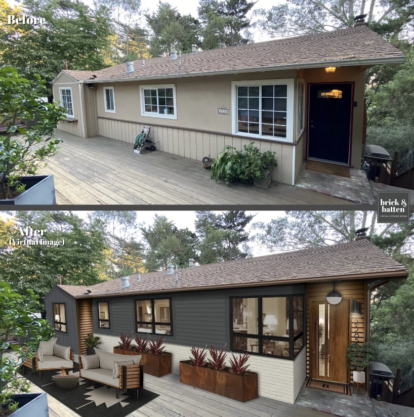 Before and after of a ranch home with midcentury accents