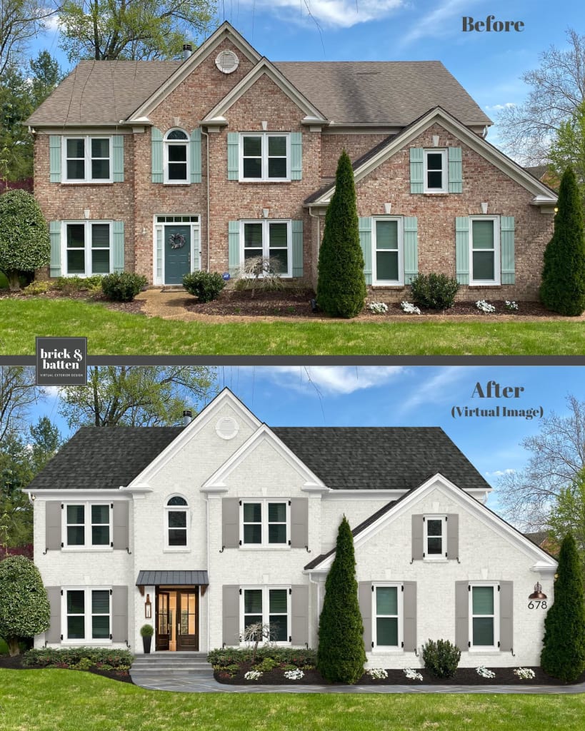 Before and after of a home with painted brick and newly painted panel shutters
