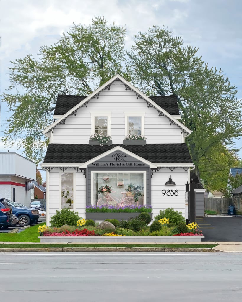 Photorealistic rendering of a Victorian exterior with a white and gray color palette.