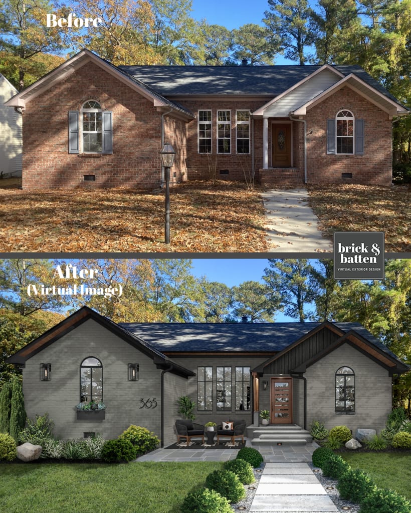 A before and after of a painted brick home exterior