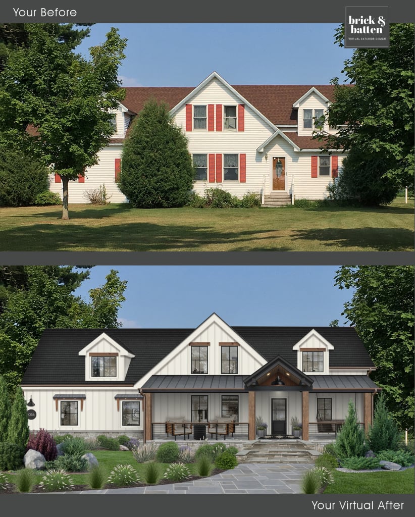 before and after of a white farmhouse with new porch and walkway