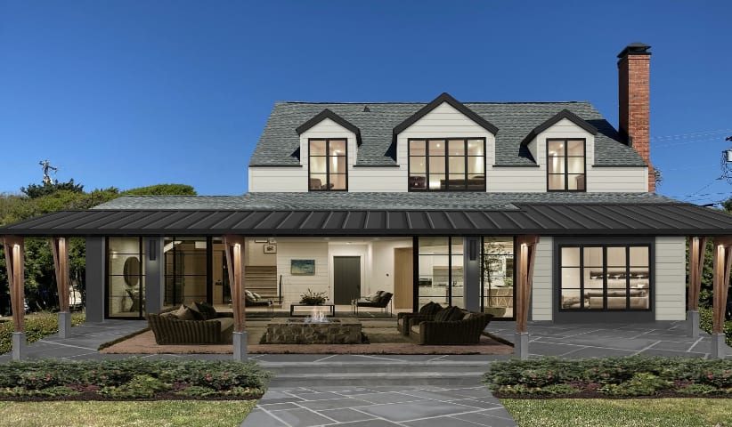 A back of home design with a fire pit