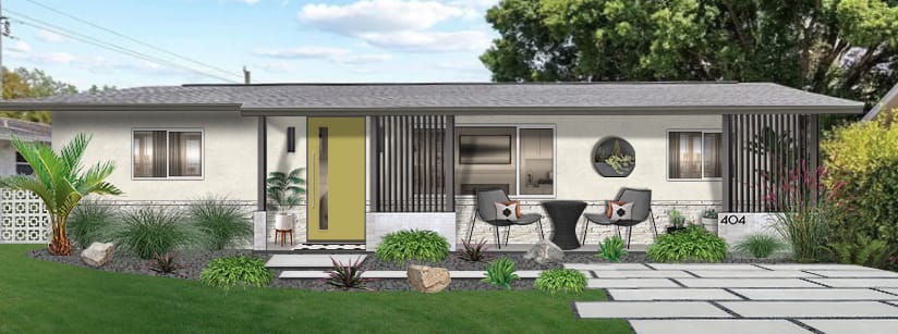White mid-century modern rancher with yellow-green front door