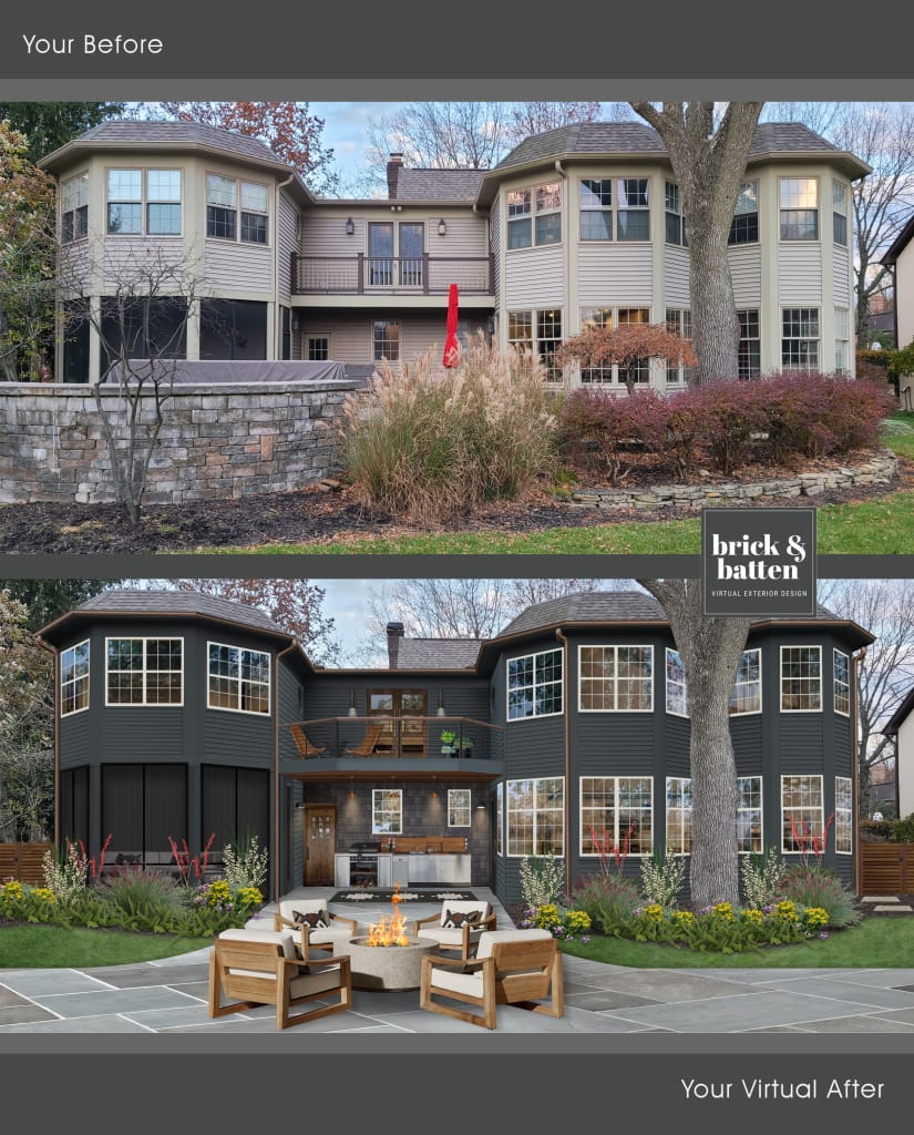 before-and-after with an outdoor kitchen and dining area