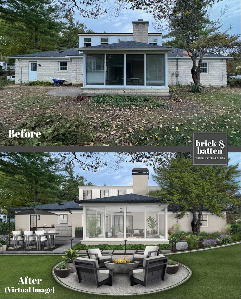 before-and-after rendering of the back of a house with a screened-in porch and a fire pit