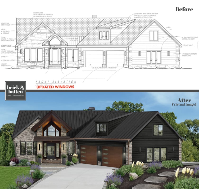 brick&batten showing how different types of siding can make a home look different through a blueprint before and after.