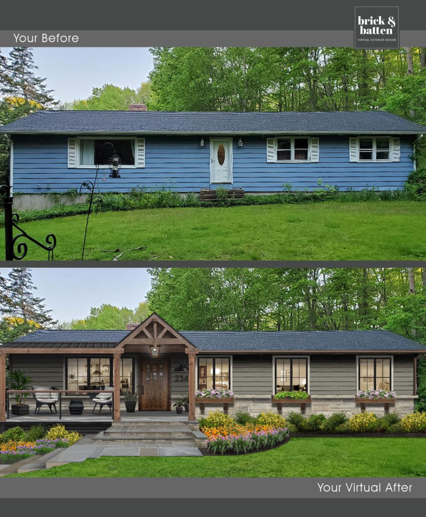 modern rustic ranch makeover with new porch and gable with trusses and larger windows with flower boxes