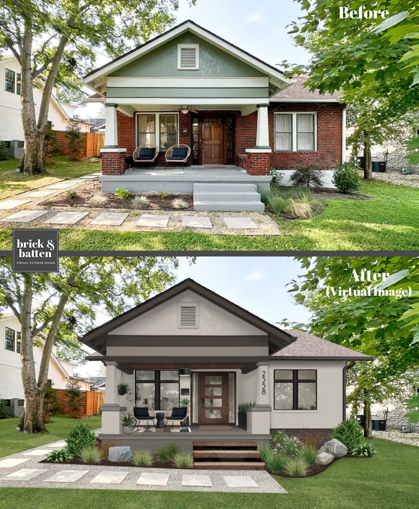 Before and after of a Craftsman style home transformed with paint