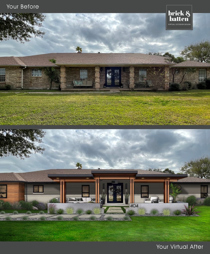 brick transitional ranch before and after digital design in modern house style