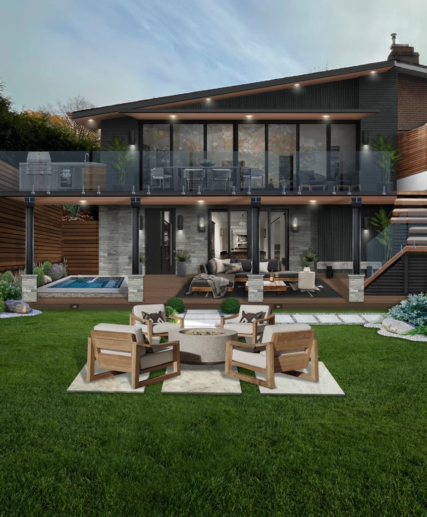 modern house with multi-level deck and glass railing