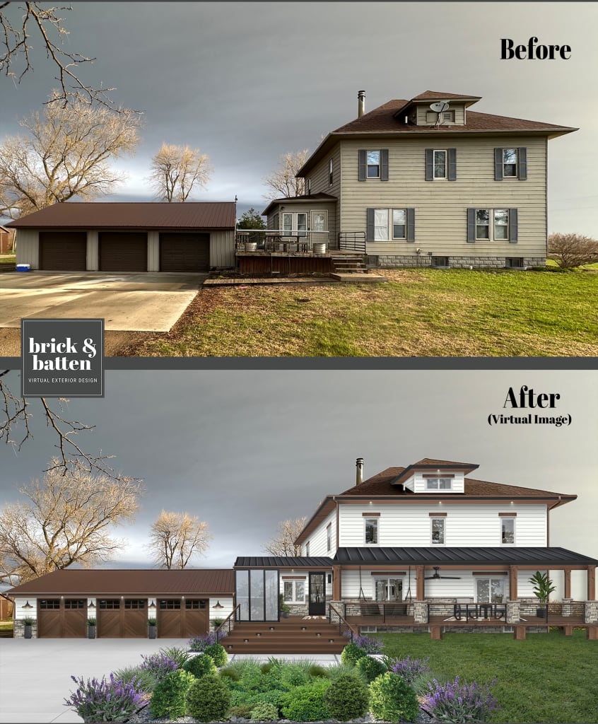 Old farmhouse with a wrap around porch addition: side view