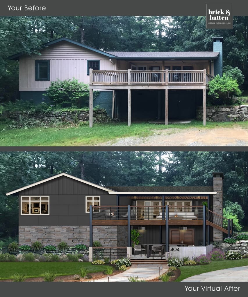 Before and after of a home rendered in dark gray with iron columns and a balcony