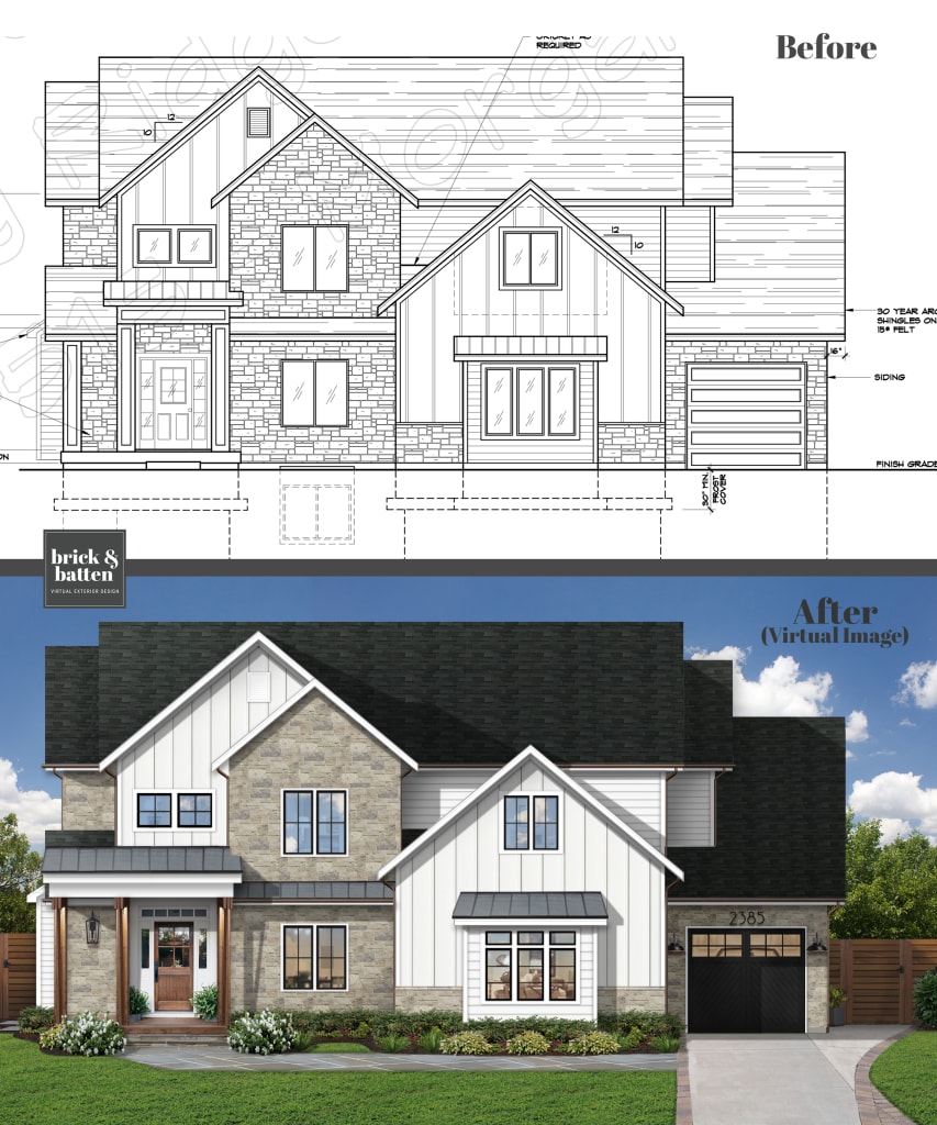 Before and after of a newly-constructed home featuring the original blueprint as the before photo. The property's after photo uses James Hardie siding in the color Arctic White, complemented by natural stone. In the after, the home has a driveway and flat, grassy front yard with green grass.