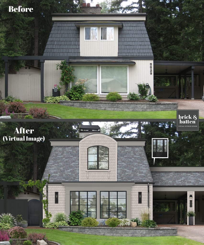 A before and after photo of a home with a curved dormer window