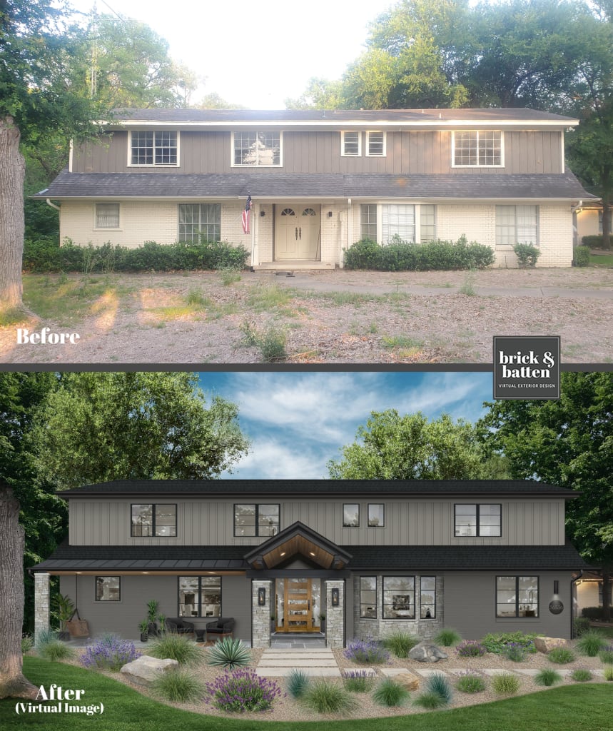 before-and-after rendering of a gray house with stone columns on the porch