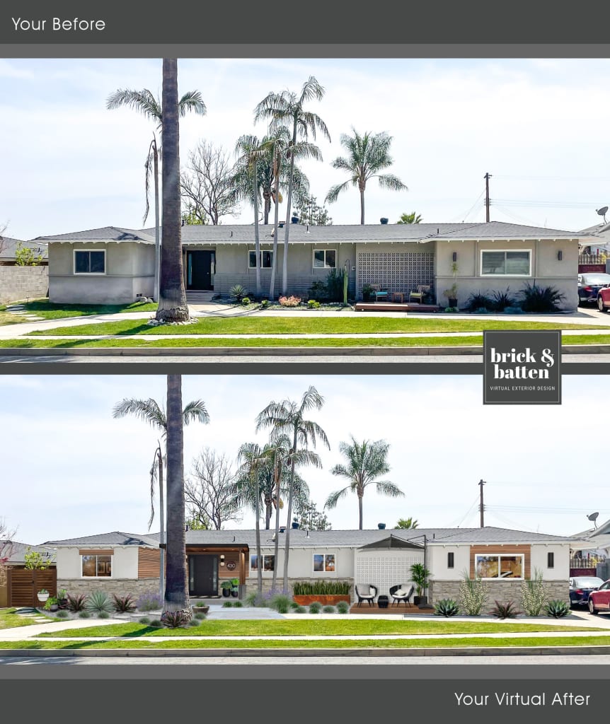 Before and after of a mid-century modern ranch painted in Seapearl with a new front porch awning and additional seating area