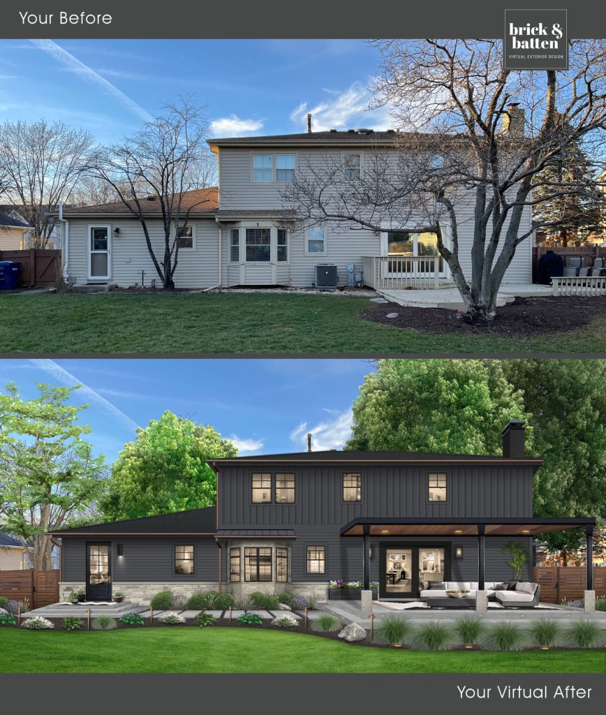 sleek, dark gray home with two patio areas connected by a walkway with stone pavers