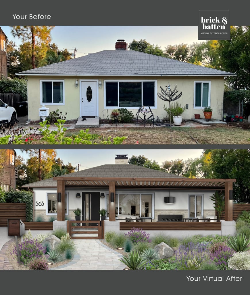 southwestern style home with large pergola and sandstone walkway