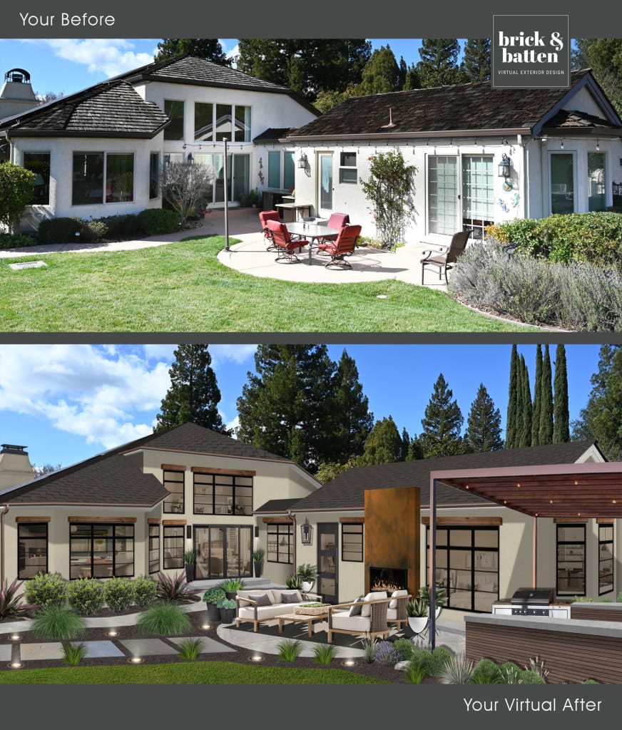 backyard hardscape with a wood pergola above the outdoor cooking area