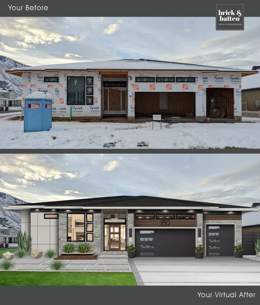 new construction ranch in modern house design with stone, james hardie panels and woodtone