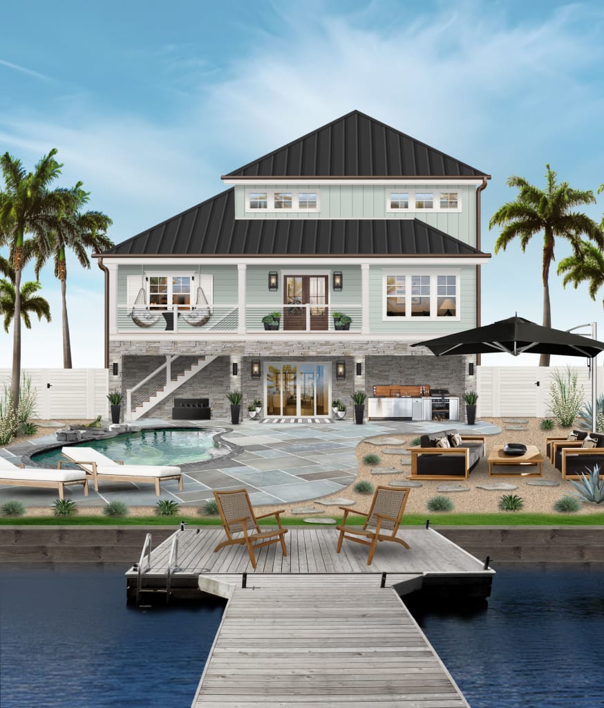 Waterfront home rendered in Benjamin Moore's Palladian Blue