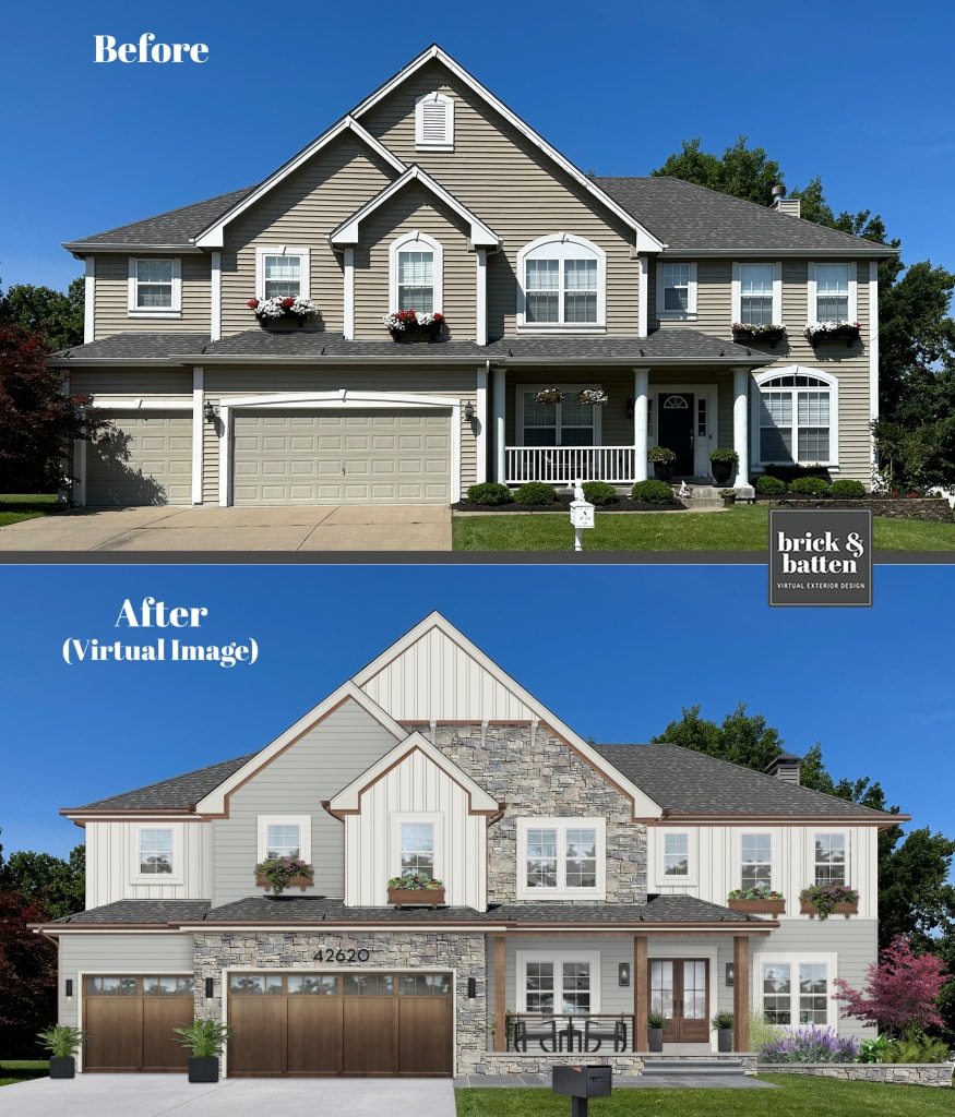 before-and-after rendering of a modern farmhouse