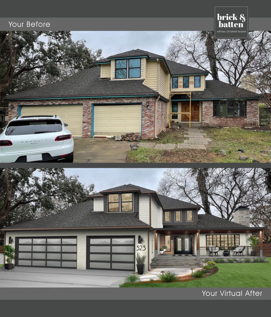 before and after of a light colored contemporary home with dark accents