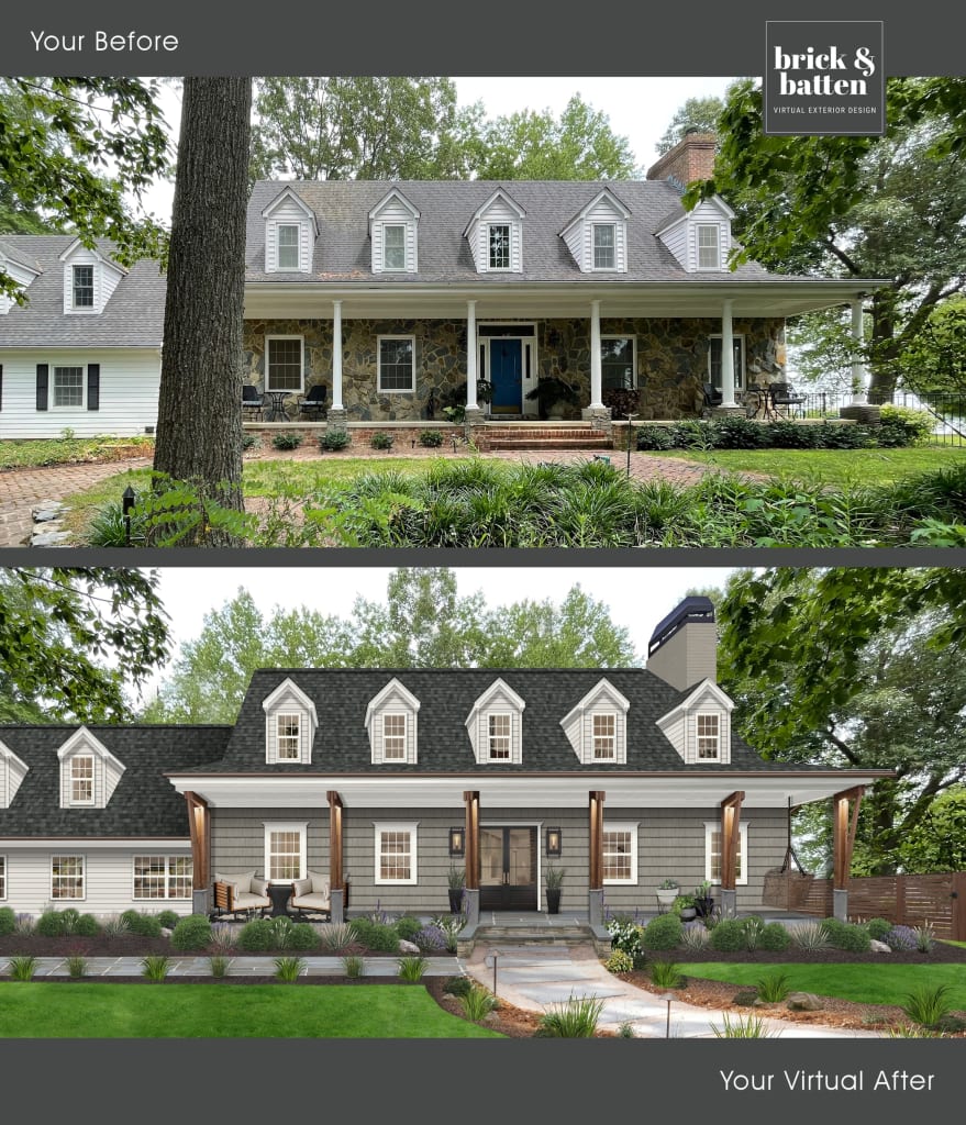 Before and after of a Cape Cod style home with an updated porch and new siding