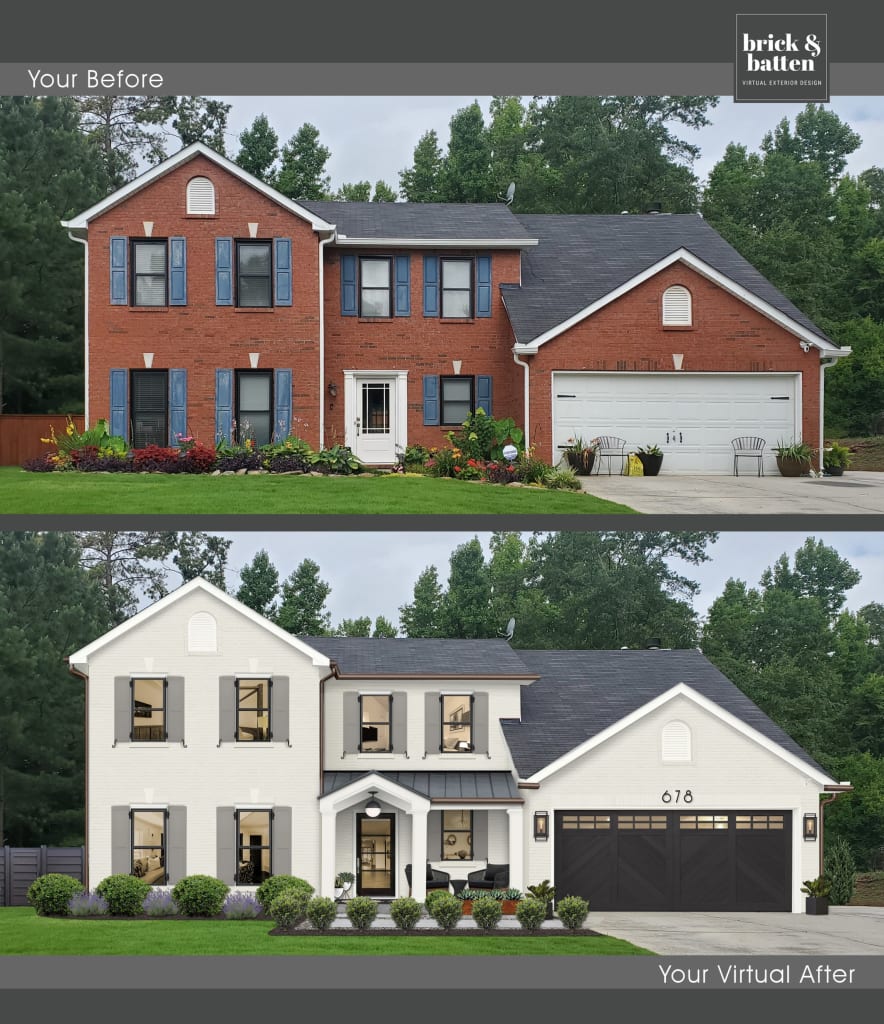 traditional brick home painted white with Seapearl and Dorian Gray shutters with onyx doors